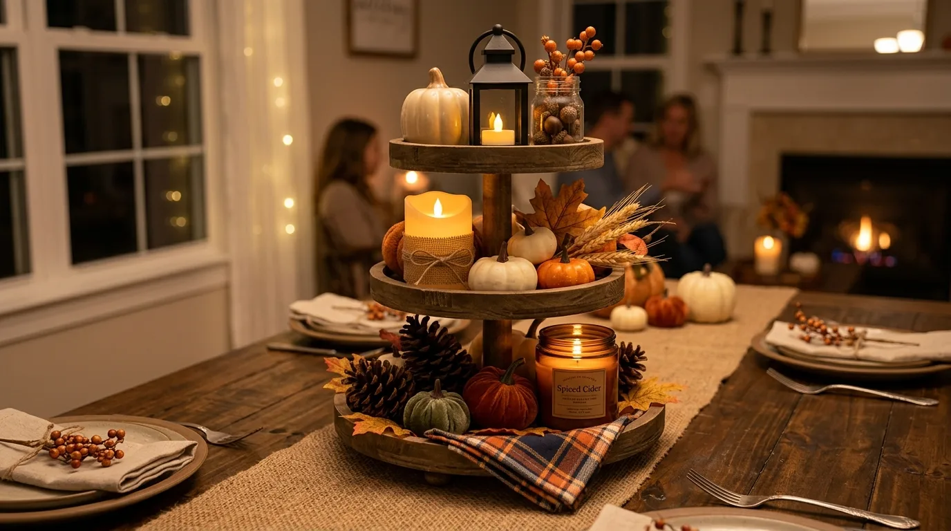 Cozy tiered tray on a dining table with fall candles, lanterns, and harvest decor