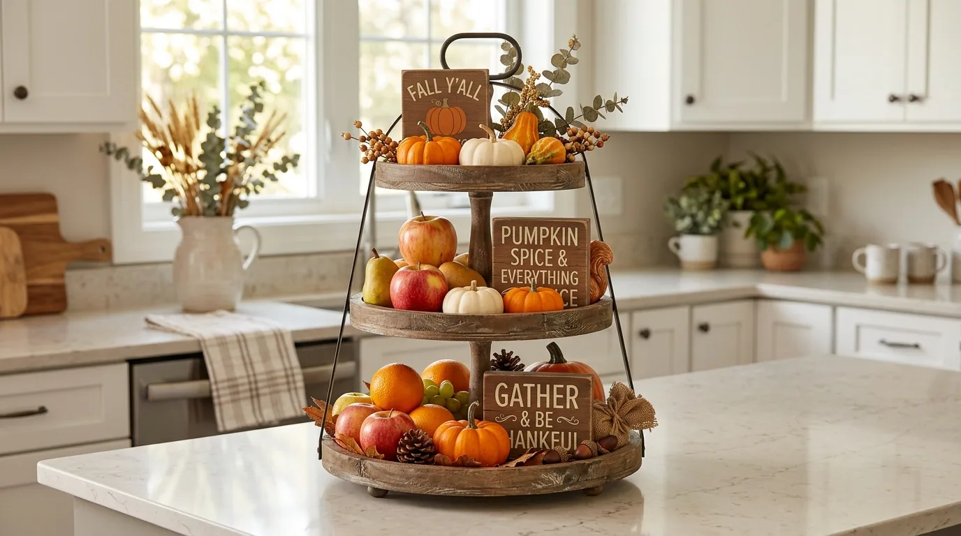 Kitchen island tiered tray with seasonal fruit, mini pumpkins, and rustic signs