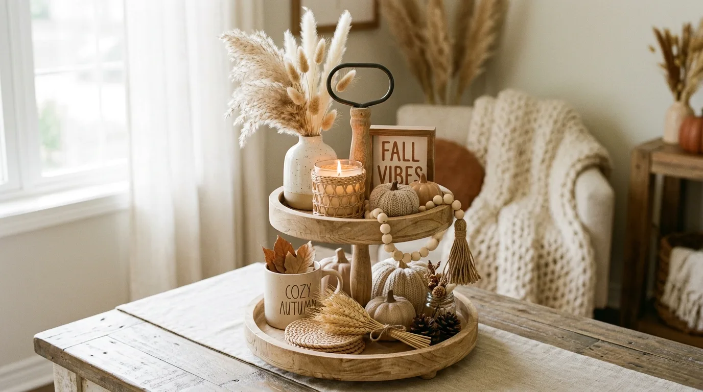 Boho fall tiered tray with pampas grass, neutral tones, and woven textures