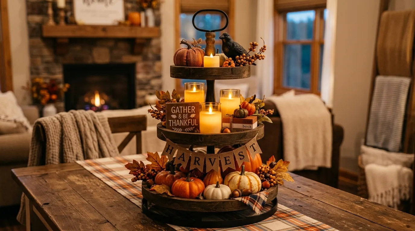 Tiered tray centerpiece with layered fall decor and glowing candles