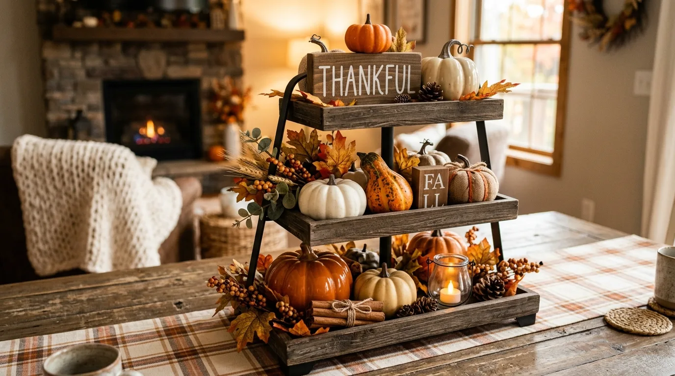 Farmhouse-style tiered tray with Thankful sign, pumpkins, and autumn foliage
