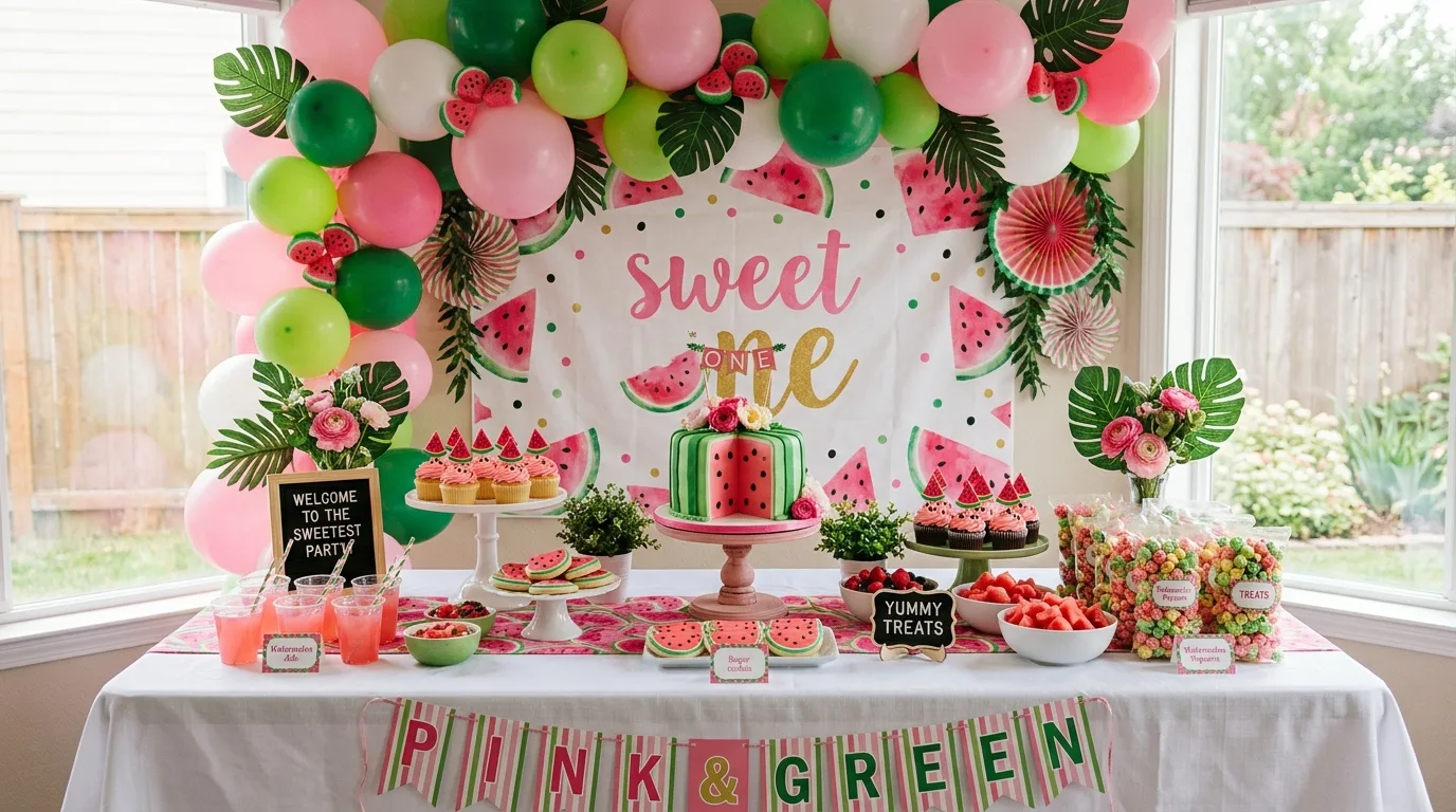 Watermelon theme dessert table with pink green balloon garland and watermelon cake