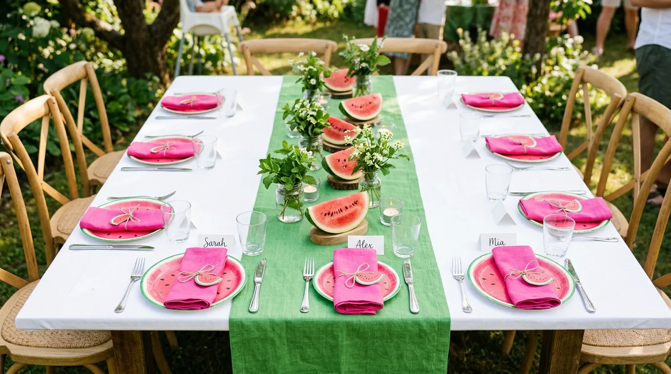 Watermelon party table with patterned plates, pink napkins, and green runner