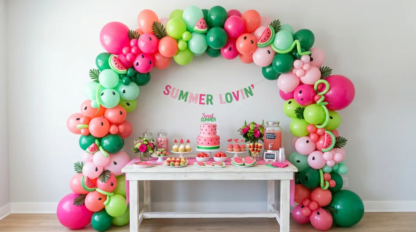 Watermelon balloon arch in pink and green framing party table