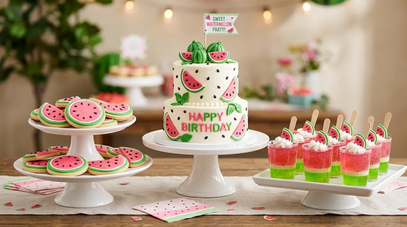 Watermelon themed dessert display with cookies, jello cups, and cake