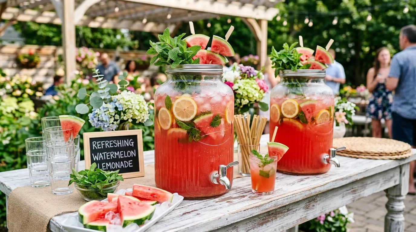 Watermelon drink station with watermelon lemonade, mint, and fresh slices