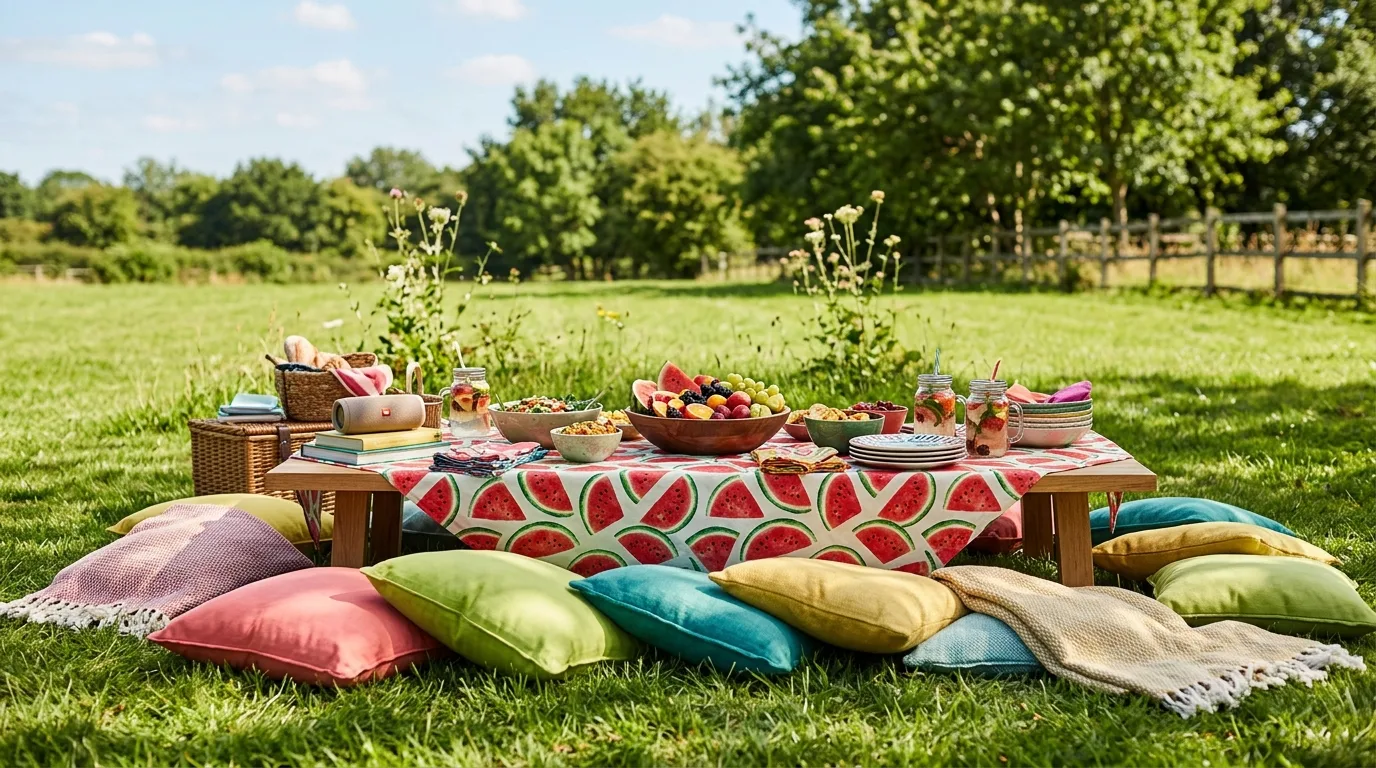 Outdoor watermelon picnic party setup with themed cloth and fruit arrangements