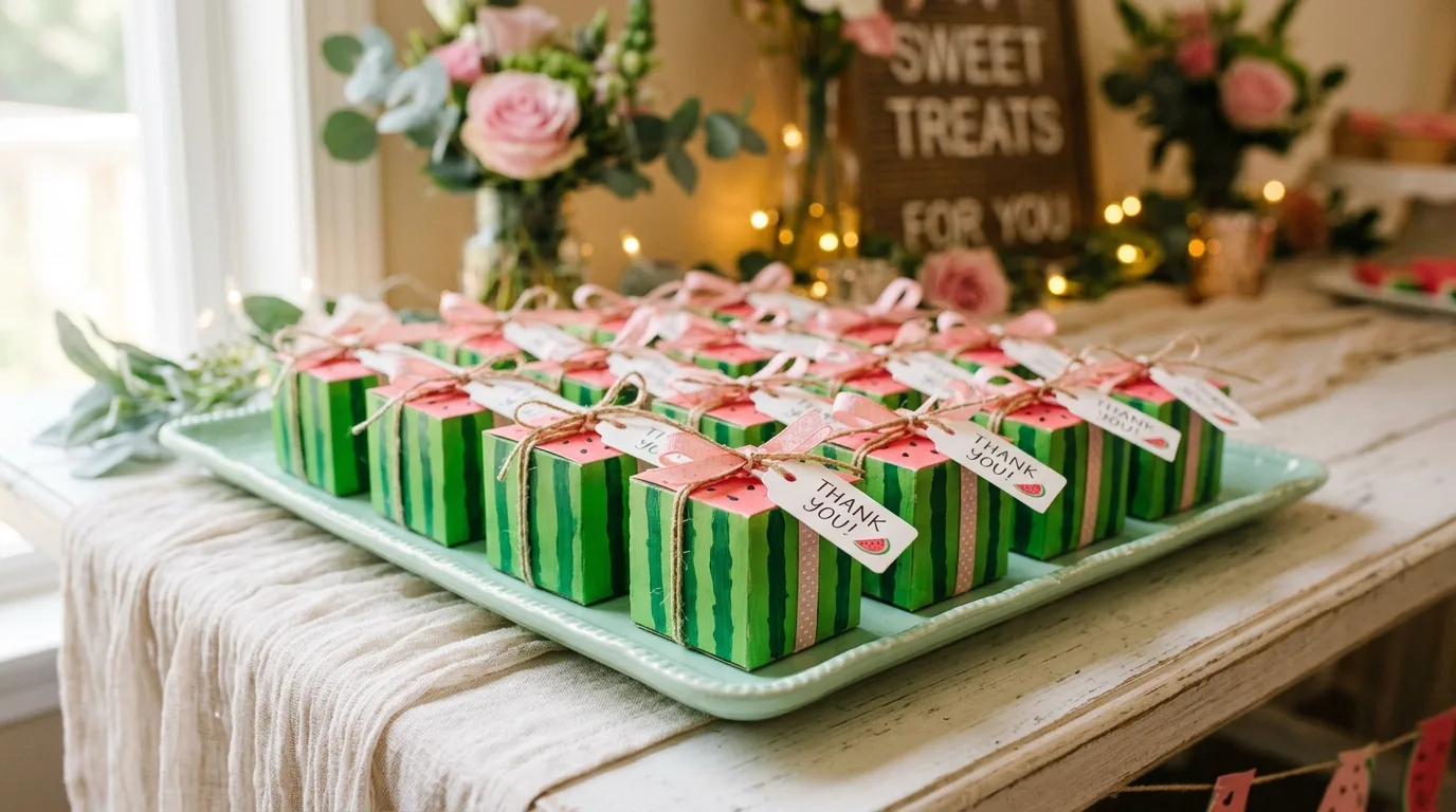 Party favor table with watermelon shaped gift boxes tied with ribbons