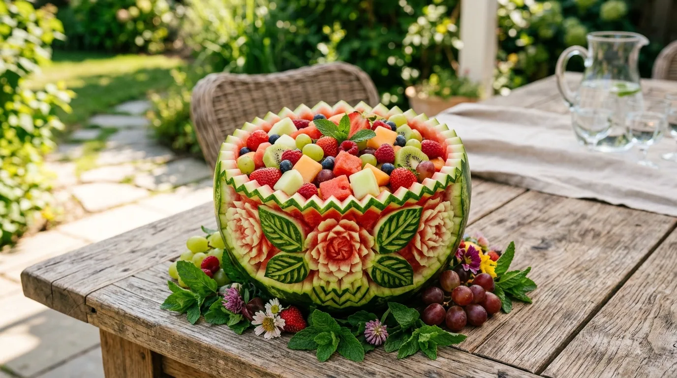 Centerpiece with carved watermelon fruit bowl filled with mixed fruit