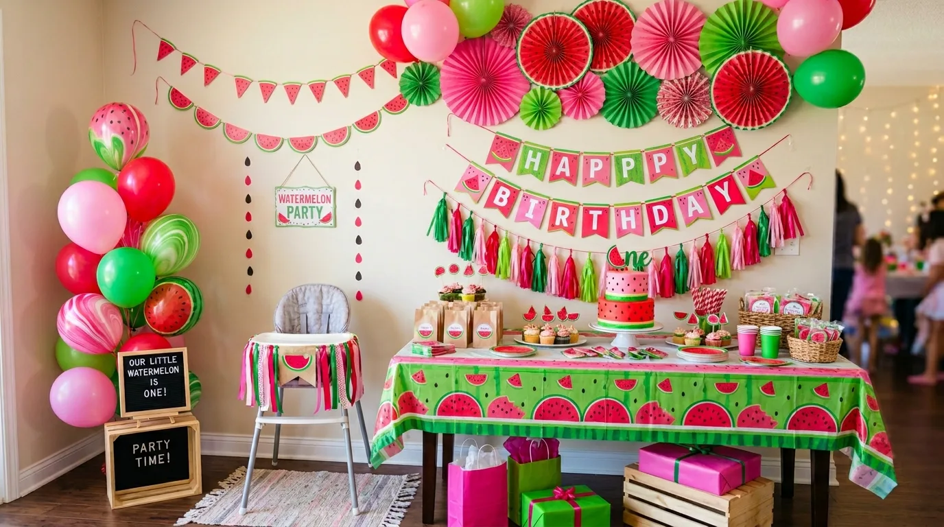Kids watermelon party corner with banners, paper fans, and playful decorations