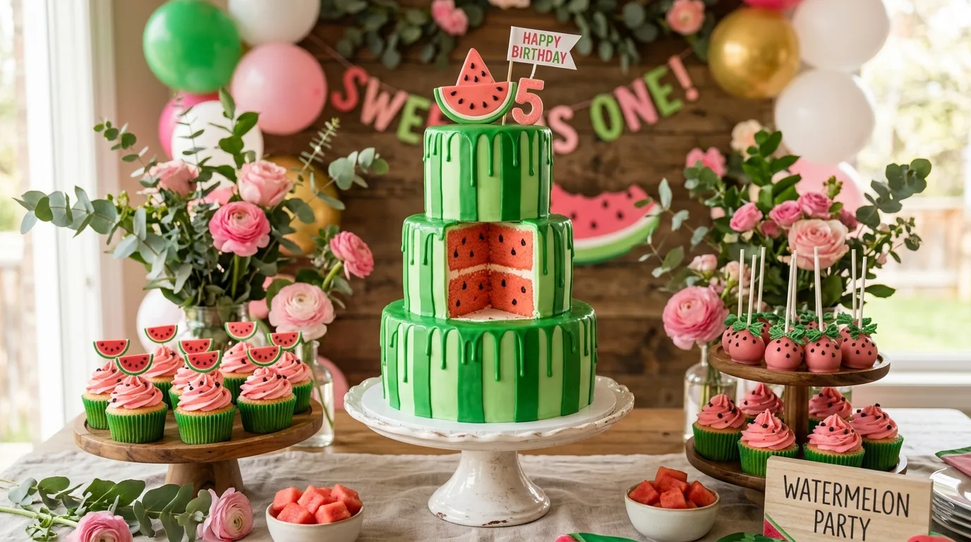 Cake table with watermelon inspired multi tier cake and matching cupcakes
