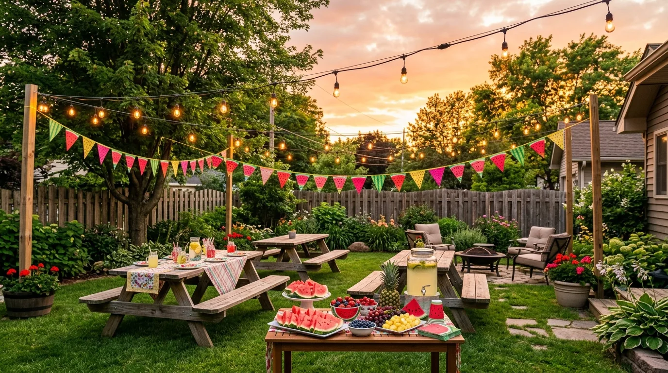 Backyard watermelon party setup with bunting, string lights, and picnic tables