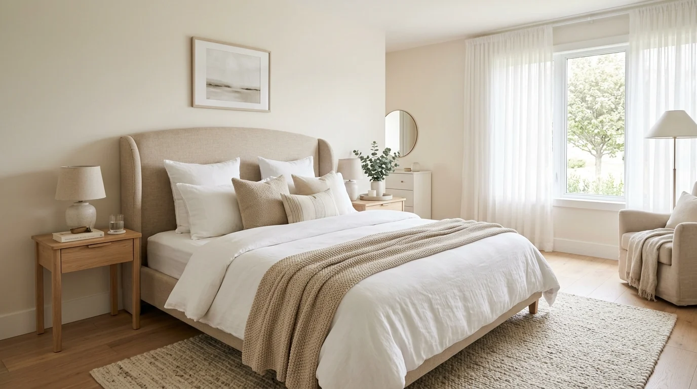 Calm white and beige bedroom with upholstered headboard and layered neutral bedding