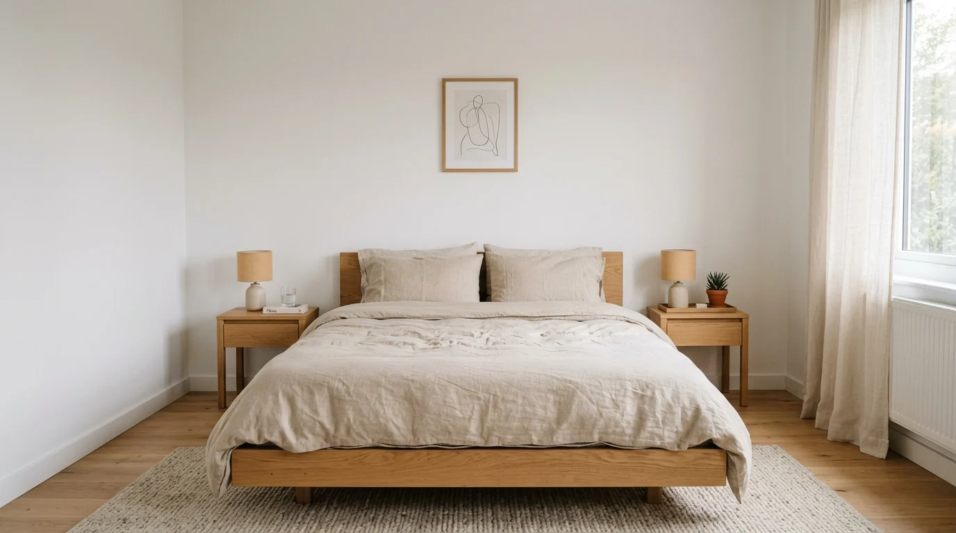 Minimalist bedroom with white walls, beige linen bedding, and simple wooden nightstands