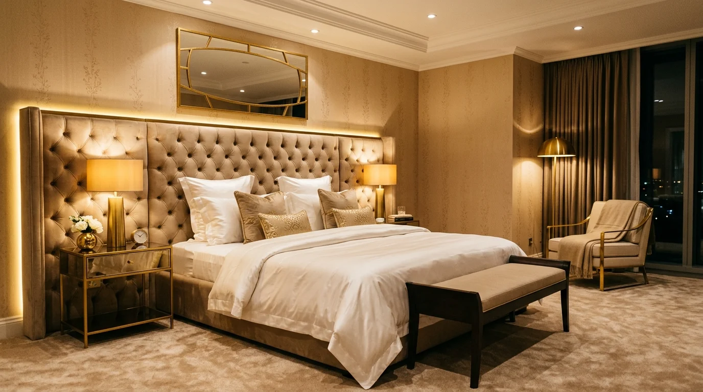 Luxury white and beige bedroom with tufted headboard, plush carpet, and warm lighting