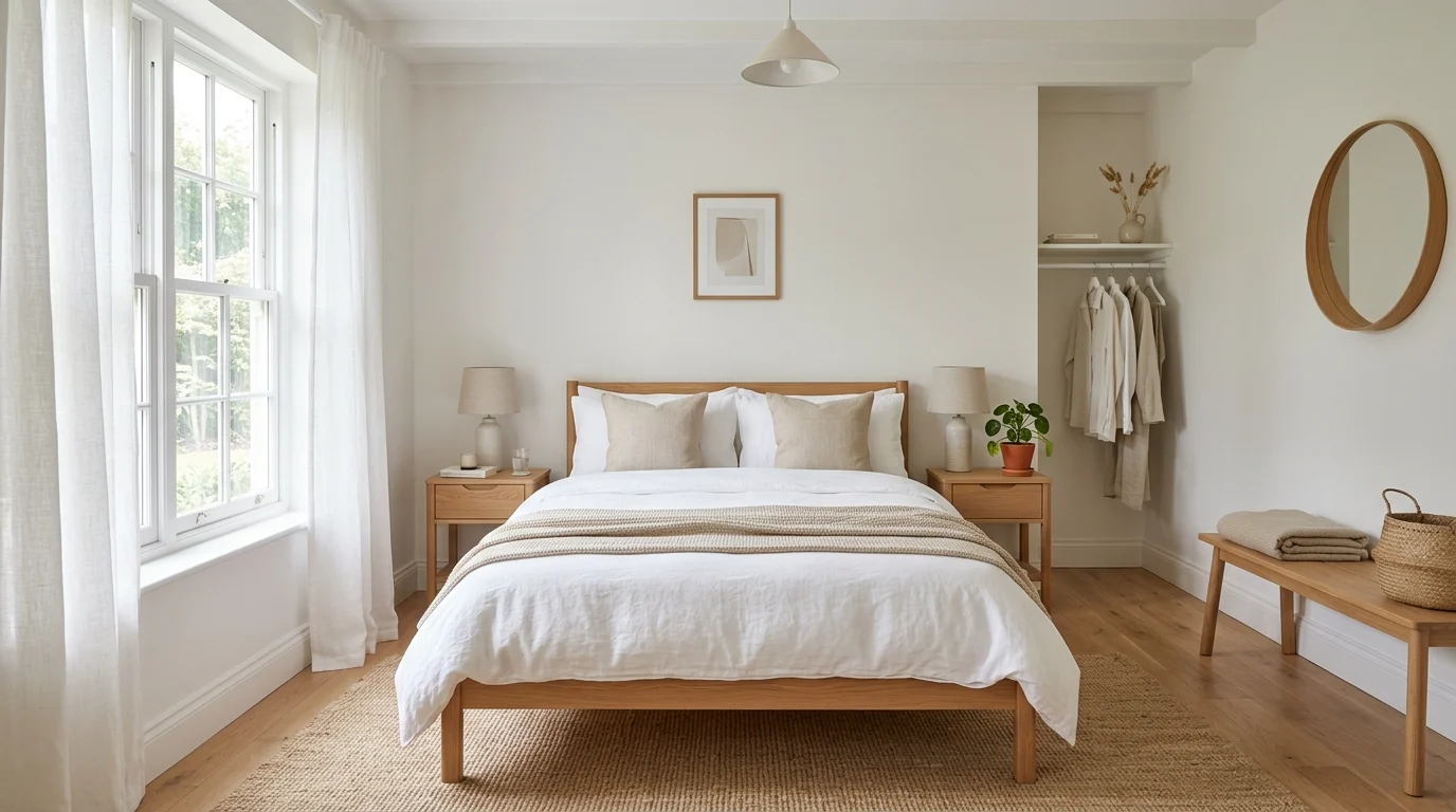 Scandinavian bedroom with light wood furniture, white bedding, and beige accents