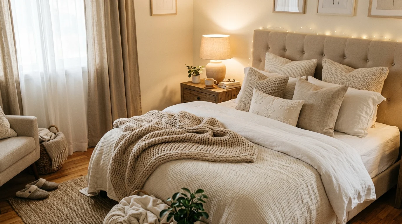 Cozy neutral bedroom with layered beige and white textiles, textured pillows, and warm lighting