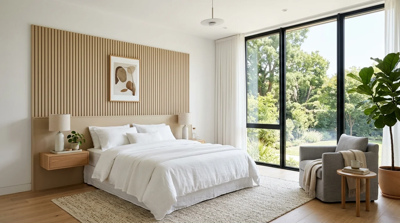 Modern bedroom with beige accent wall paneling, white bedding, and minimalist decor