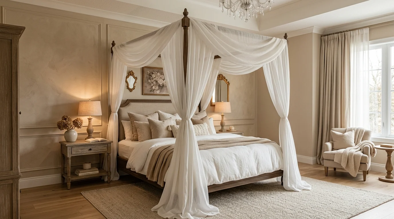 Elegant canopy bedroom with white drapery and beige tones