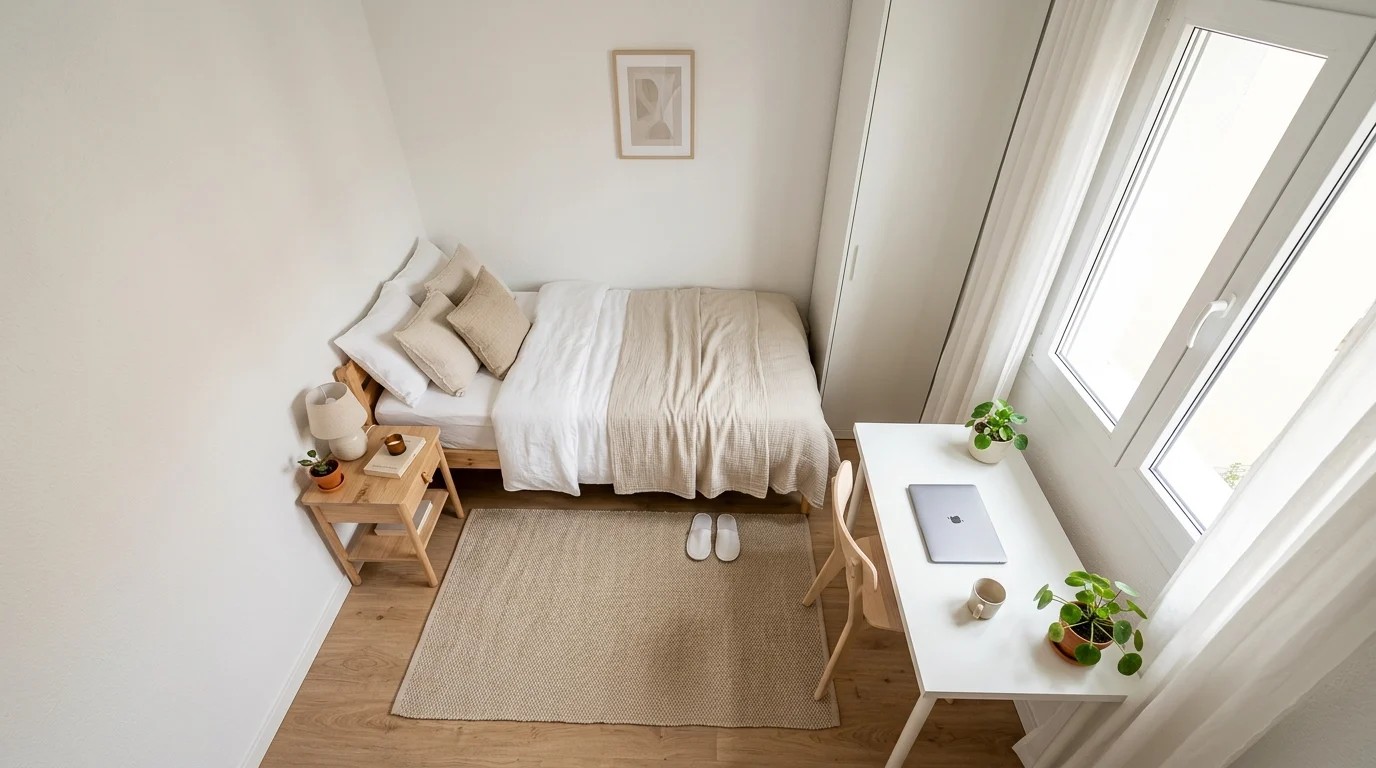 Small bedroom with white and beige palette, minimal furniture, and bright natural light