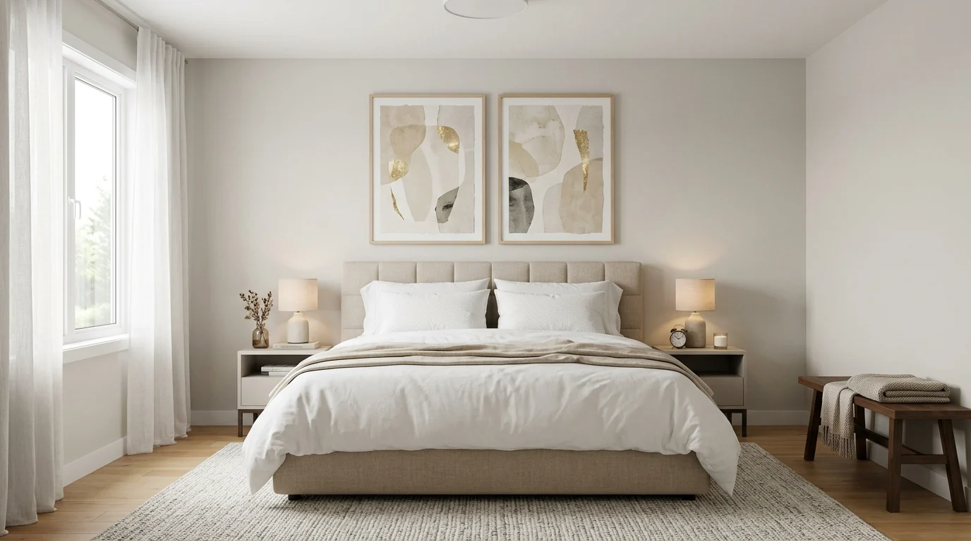 Contemporary neutral bedroom with beige upholstered bed, white bedding, and abstract wall art