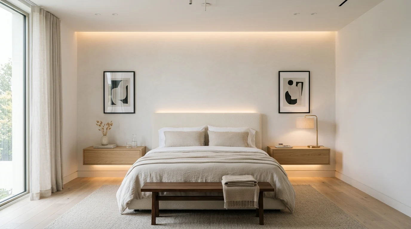 Minimal luxe bedroom with floating nightstands and hidden LED lighting