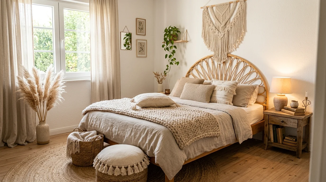 Boho inspired white and beige bedroom with woven textures and pampas grass