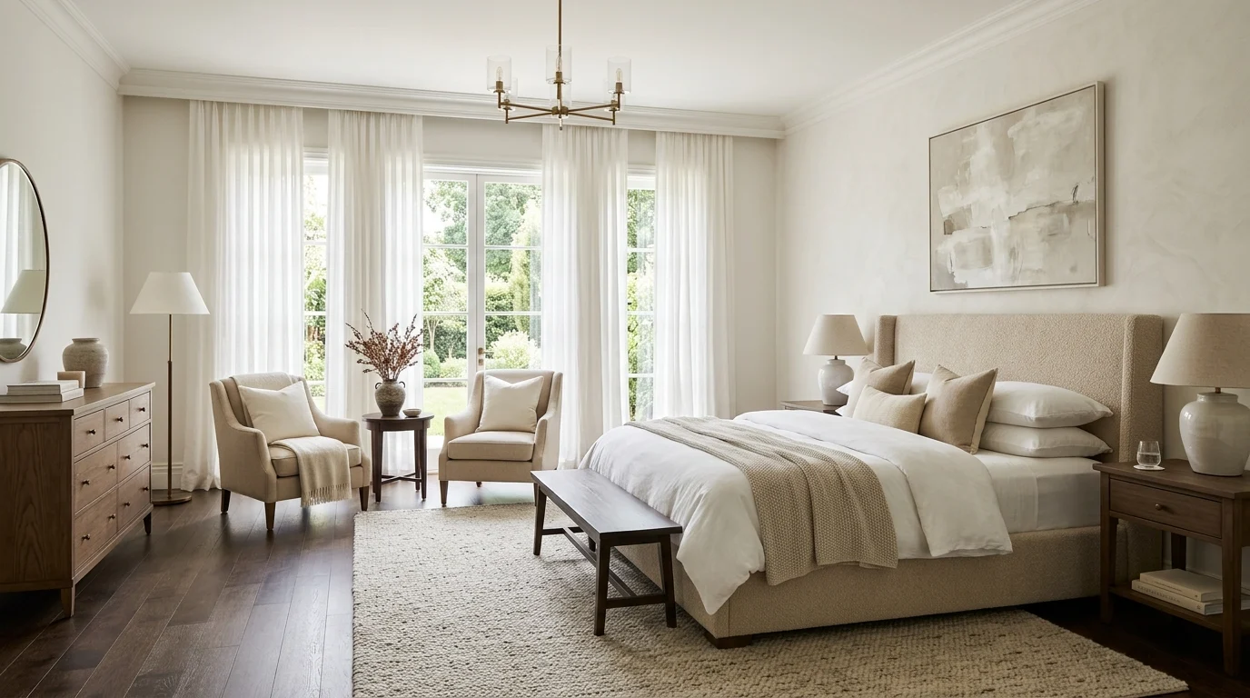 Elegant master bedroom with layered neutral tones, white drapery, and beige upholstered seating