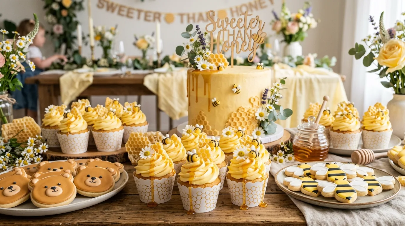 Winnie the Pooh centerpiece with plush toy, honey pot jar, yellow flowers, greenery, and bees