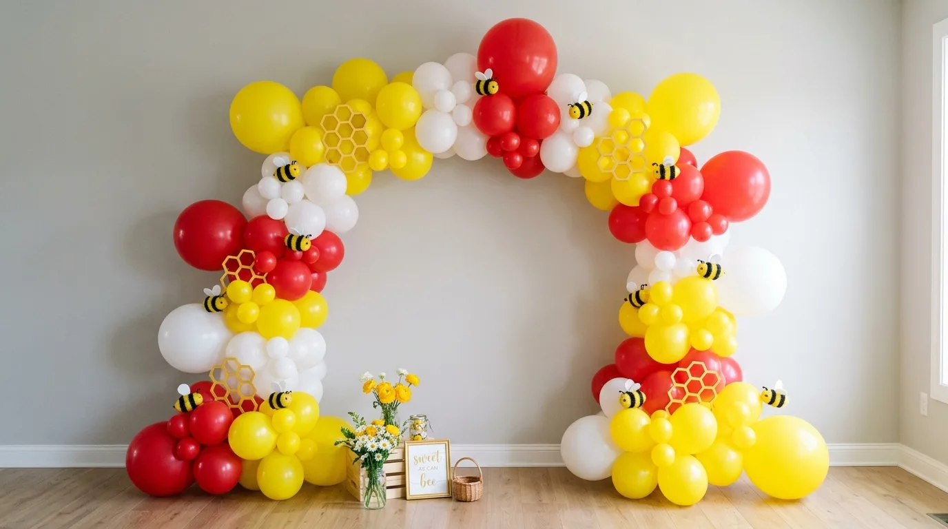 Pooh baby shower dessert display with honey inspired treats, bee details, and themed cake