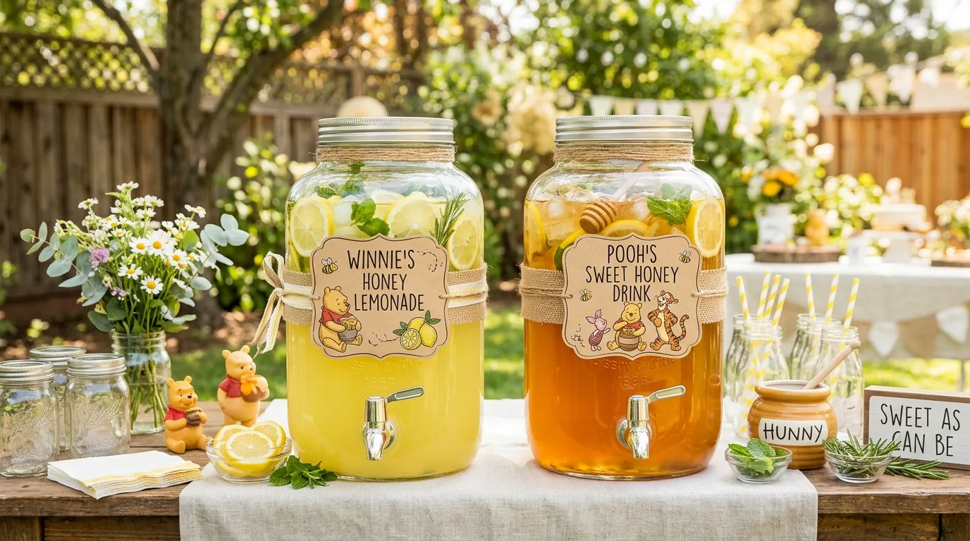 Winnie the Pooh balloon backdrop with honeycomb accents and bee details