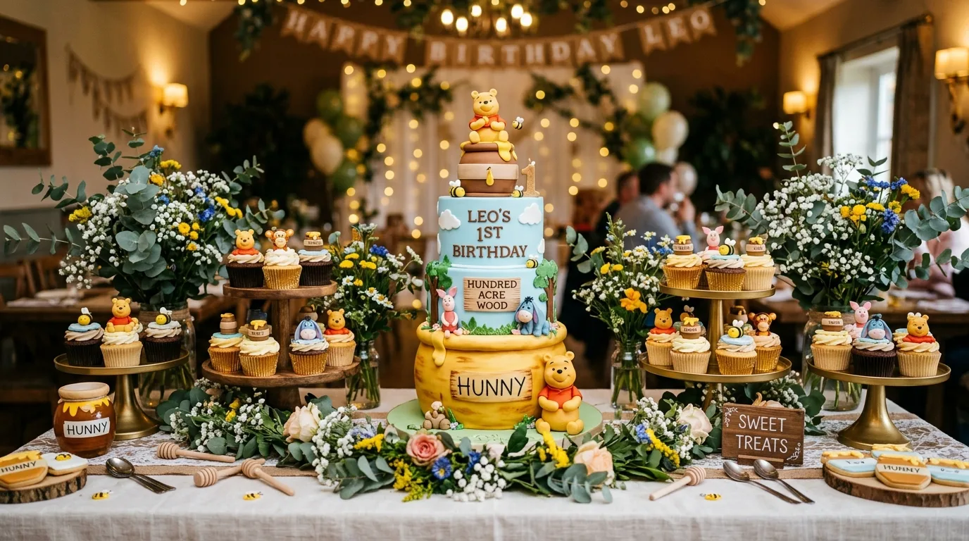 Winnie the Pooh favor display with mini honey jars, flowers, and greenery