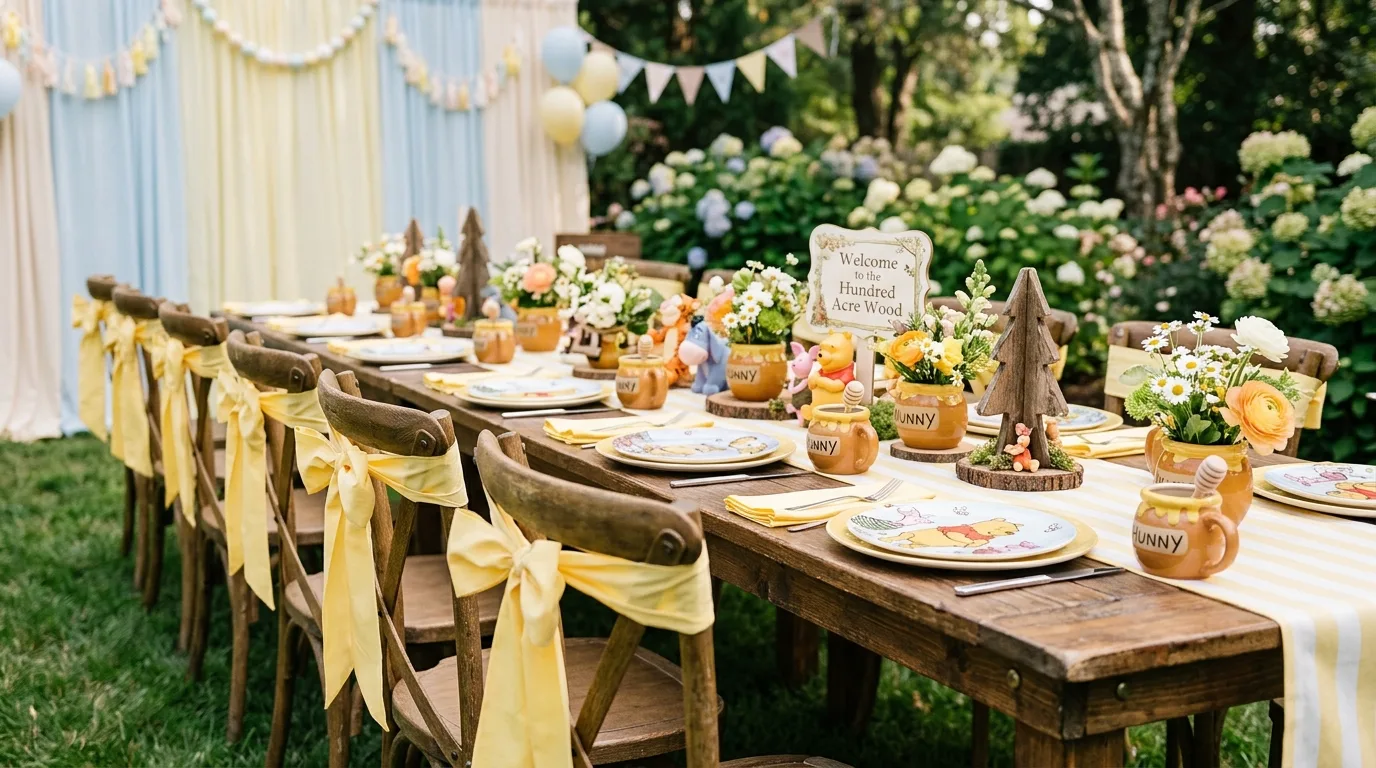 Winnie the Pooh cake table with multi-tier honey pot cake, cupcakes, and floral accents
