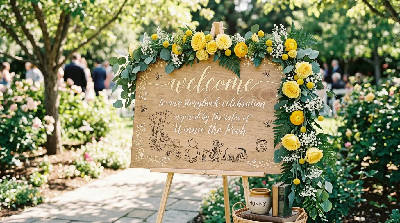 Rustic Winnie the Pooh table styling with burlap runner, crates, honey jars, and yellow flowers