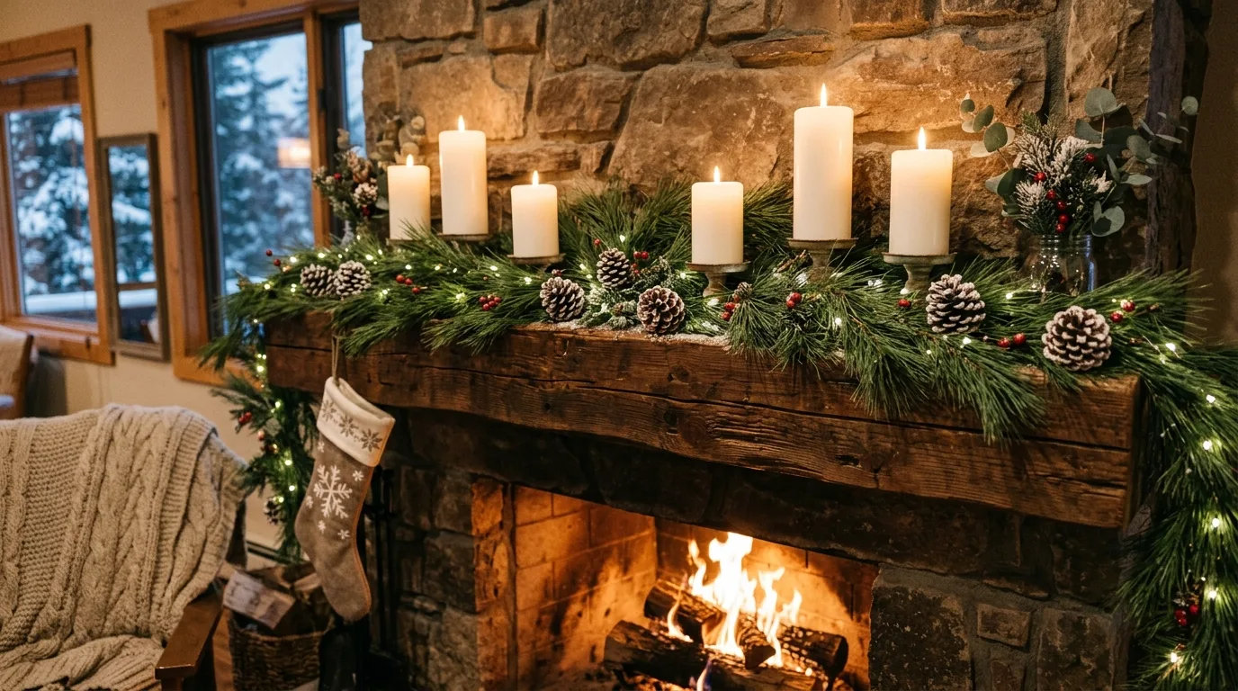 Cozy winter mantel with pine garland, candles, and pinecones