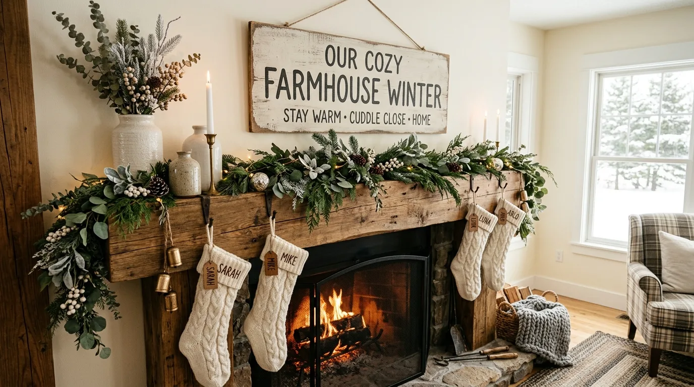 Farmhouse winter mantel with sign, eucalyptus garland, stockings, and ceramic vases