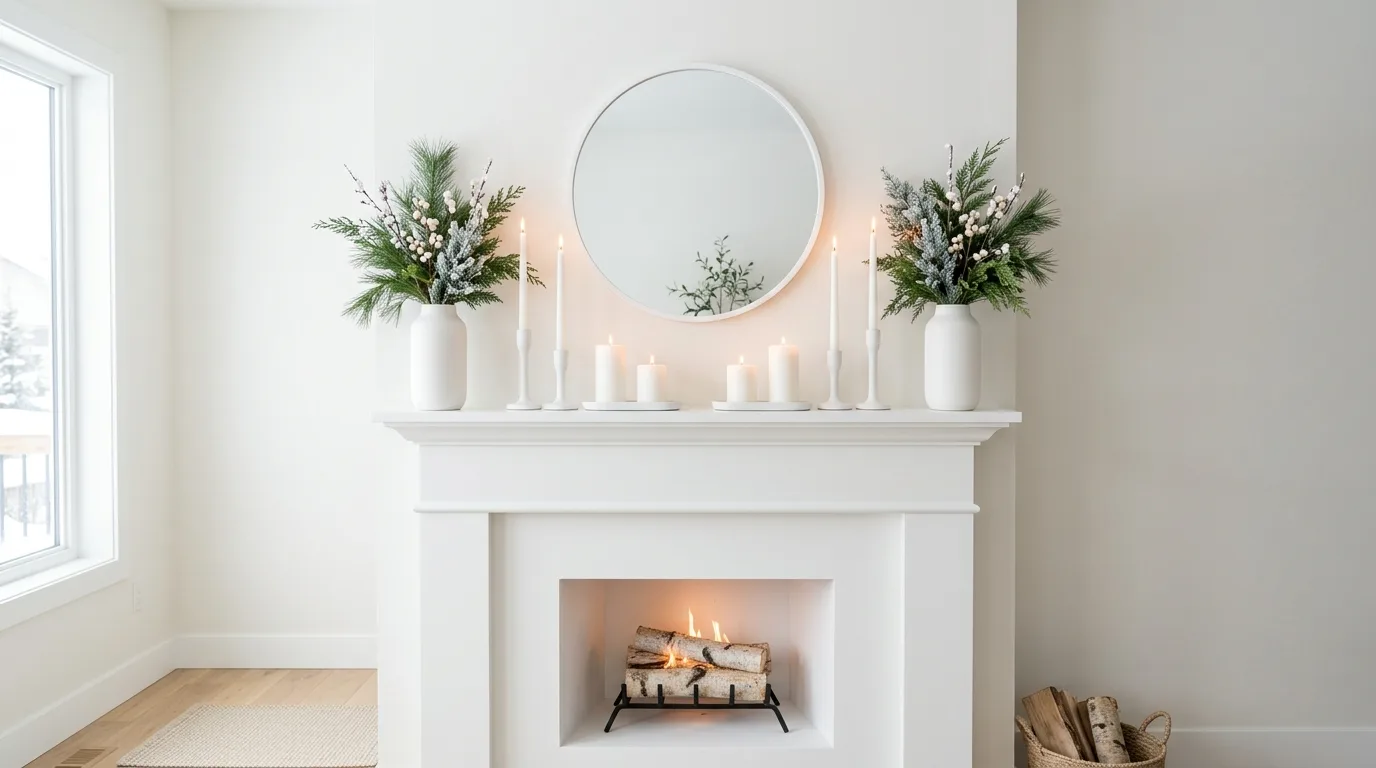 Minimal winter mantel with white decor, greenery, and candles