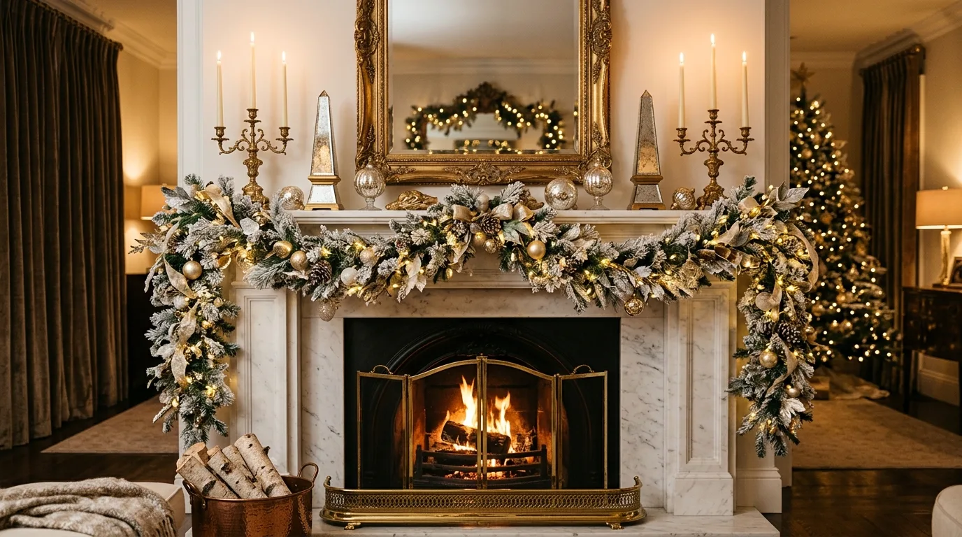 Luxury winter mantel with gold accents, mirrored decor, and frosted garland