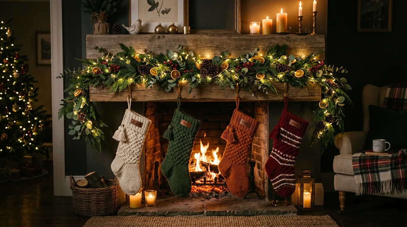 Cozy winter mantel with string lights, candles, greenery, and knit stockings