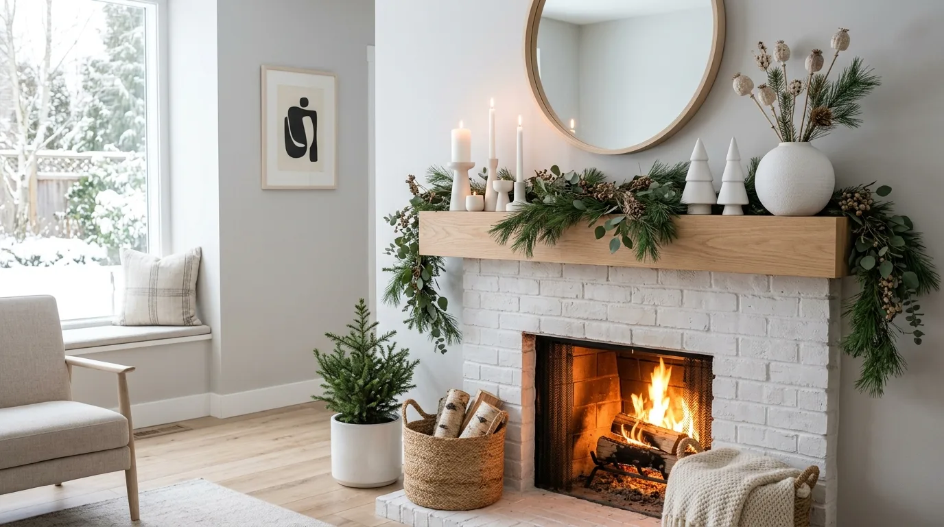 Scandinavian winter mantel with light wood, pine branches, and white ceramic decor