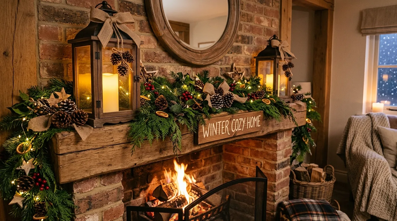 Rustic winter mantel with lanterns, burlap, pinecones, and greenery