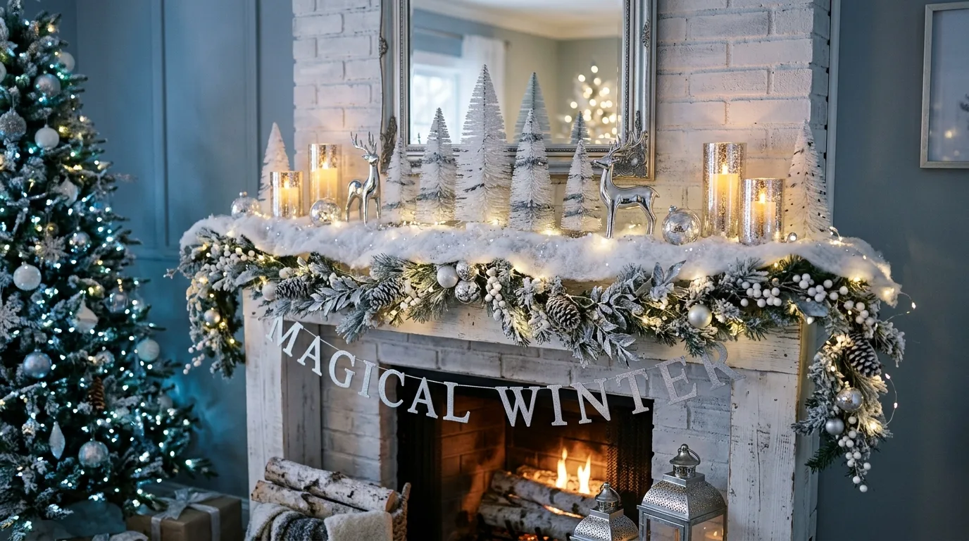 Snowy-themed winter mantel with faux snow, white trees, and twinkle lights