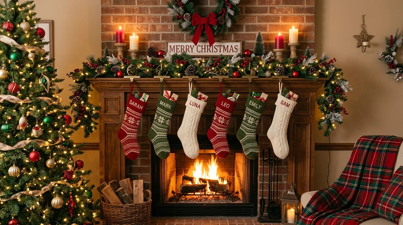 Classic Christmas-style winter mantel with red and green decor