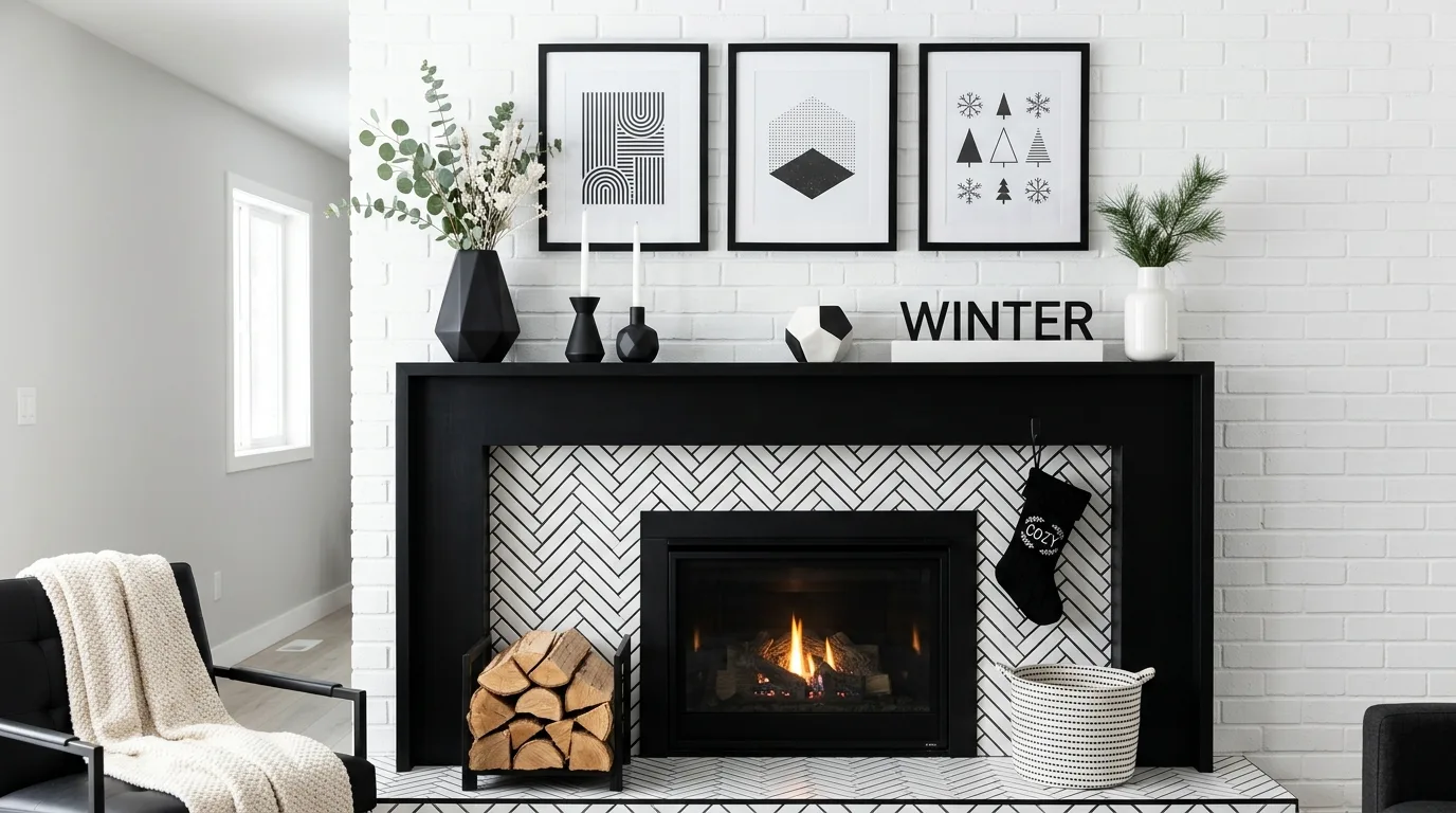 Modern black and white winter mantel with geometric decor and minimal greenery