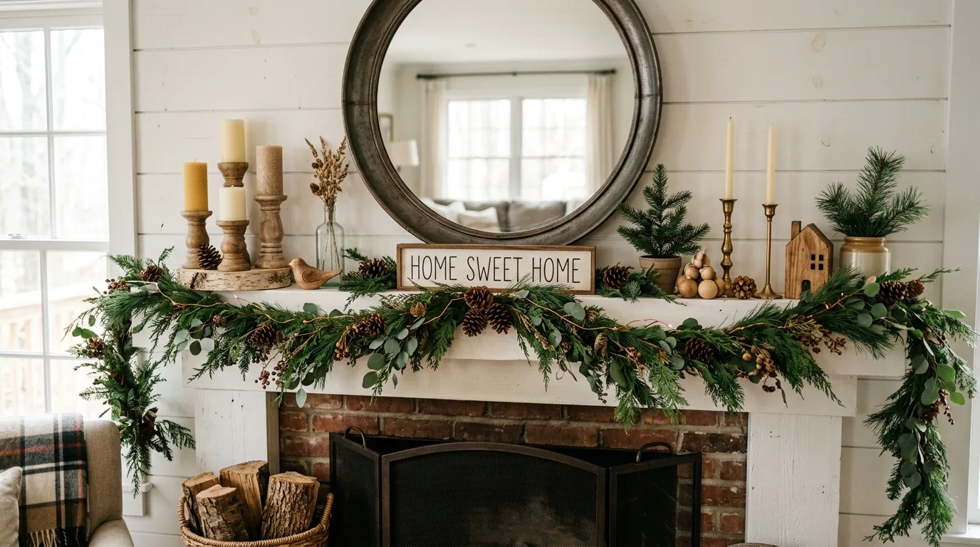 Farmhouse winter mantel with round mirror, pine garland, and candles