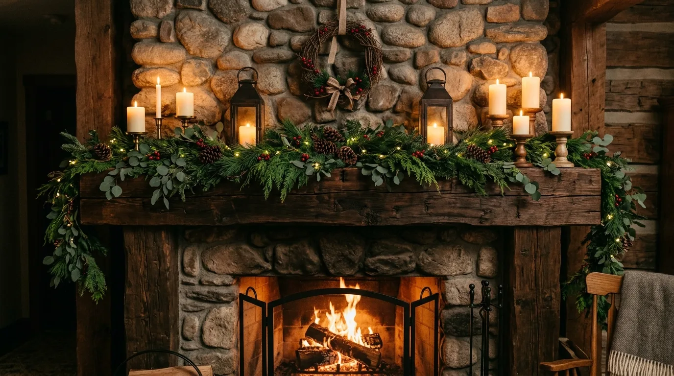 Cabin-style winter mantel with stone fireplace, greenery, lanterns, and candles