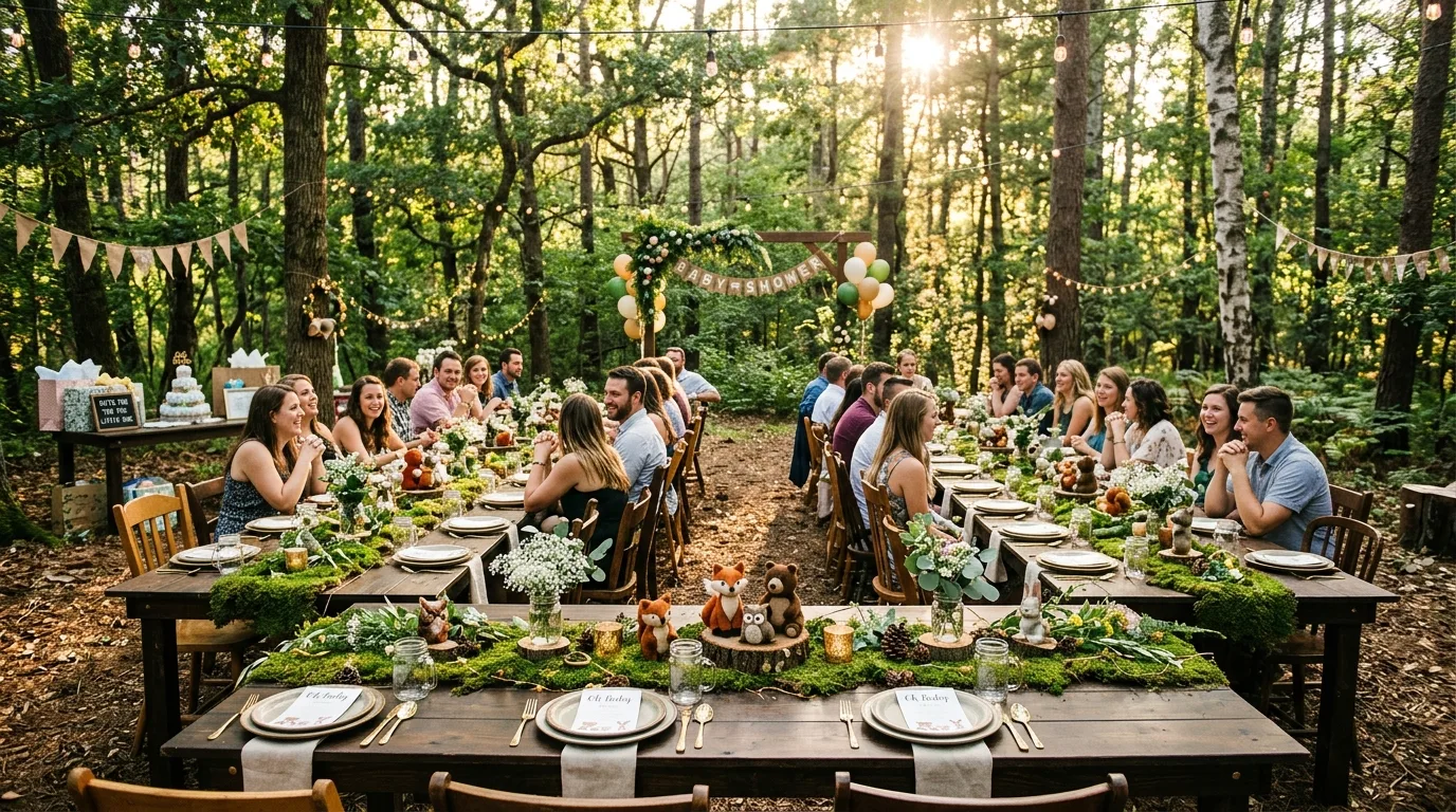 Rustic woodland baby shower setup with wooden tables, moss runners, and forest centerpieces