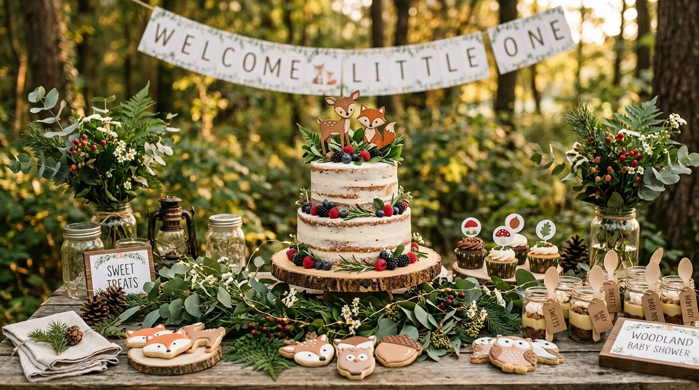 Woodland baby shower dessert table with naked cake, deer and fox toppers, and greenery garlands