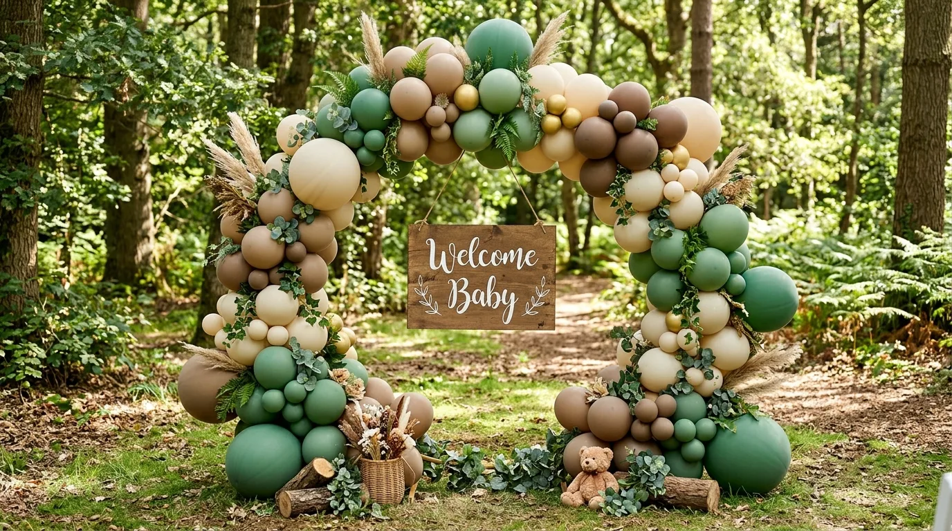 Forest themed balloon arch in earthy green, beige, and brown tones with Welcome Baby sign