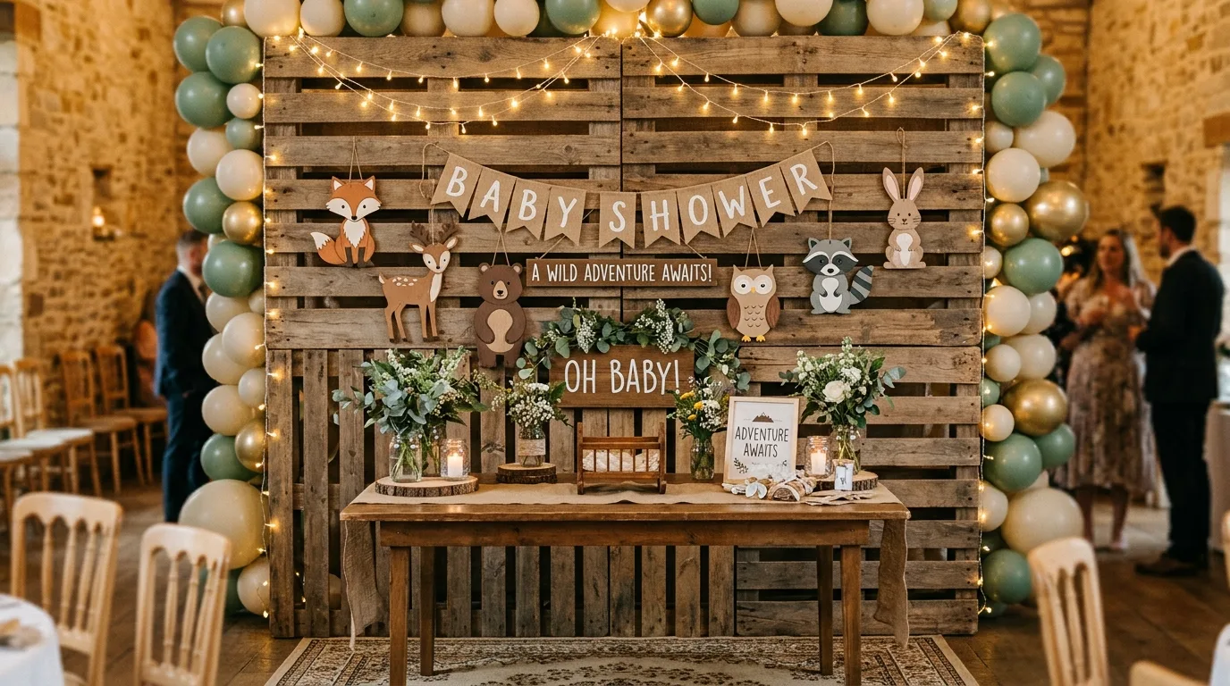 Rustic baby shower backdrop with wooden pallets, fairy lights, and woodland animal cutouts